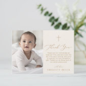 Carte De Remerciements Délicat Gold Cream Photo Simple Cross Baptême (Debout devant)