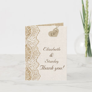 Carte De Remerciements Dentelle blanche & cœur sur toile de jute Remercie