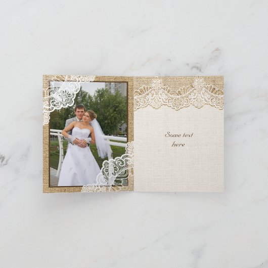 Carte De Remerciements Dentelle blanche rustique sur toile de jute de rem (Intérieur)