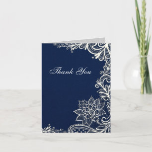 Carte De Remerciements dentelle blanche vintage bleu marine mariage merc