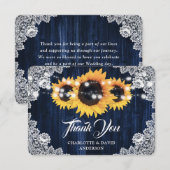 Carte De Remerciements Dentelle de tournesol rustique Mariage bleu marine (Devant / Derrière)