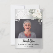 Carte De Remerciements Dentelle florale blanche en argent photo d'anniver (Devant)