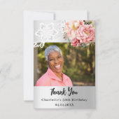 Carte De Remerciements Dentelle florale rose argent photo d'anniversaire (Devant)