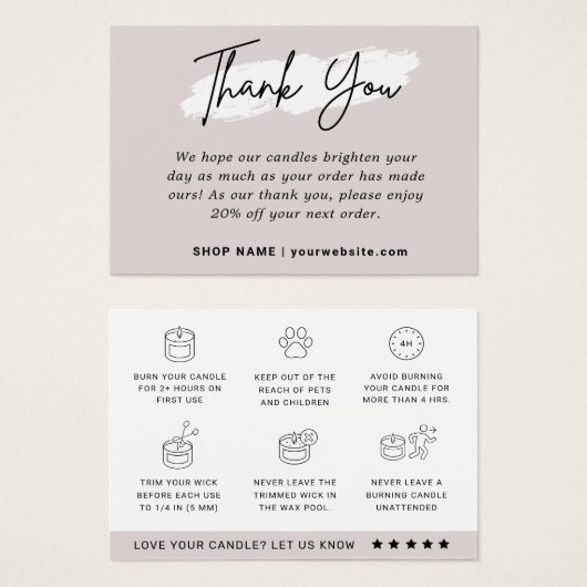 Carte de remerciements des instructions de soins a (Devant & derrière)