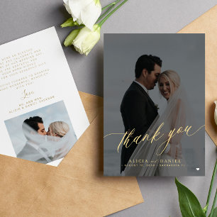 Carte De Remerciements Design élégant script photo noir or mariage