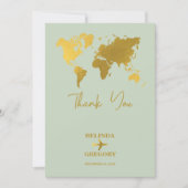 Carte De Remerciements Destination Mariage Monde Passport Sage Vert Or (Devant)