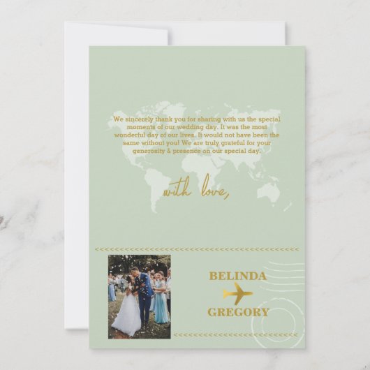 Carte De Remerciements Destination Mariage Monde Passport Sage Vert Or (Dos)
