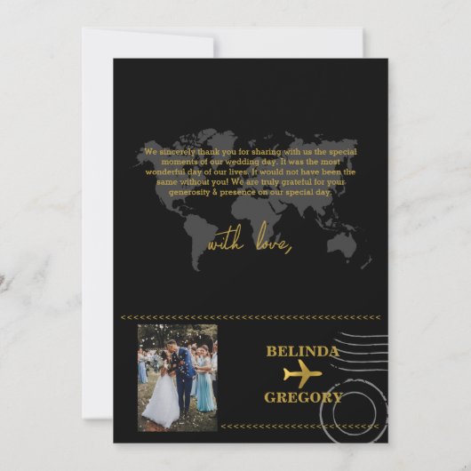 Carte De Remerciements Destination Wedding World Passport Black Gold (Dos)