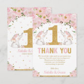 Carte De Remerciements Deux bébés filles 1er anniversaire Eléphant floral (Devant / Derrière)