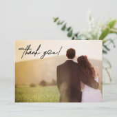 Carte De Remerciements Deux Photos Mariages Élégant Script Personnalisé (Debout devant)