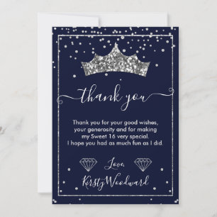 Carte De Remerciements Diadème Confetti Diamant Argent Sweet 16