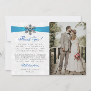 Carte De Remerciements Diamante Snowflake & Blue Ribbon Mariage d'hiver