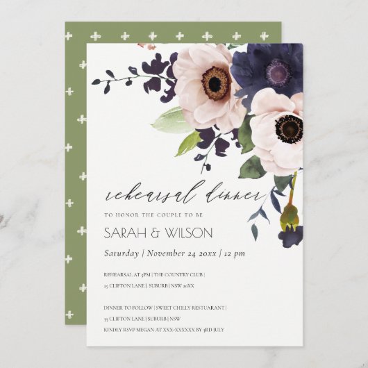 Carte De Remerciements Dîner de répétition Floral Anémonique Blush Navy I (Devant / Derrière)