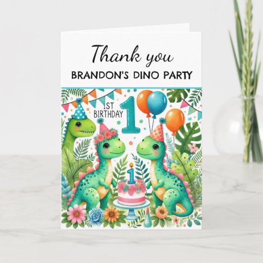 Carte De Remerciements Dinosaur 1er anniversaire fête Boy Dino Cute (Devant)