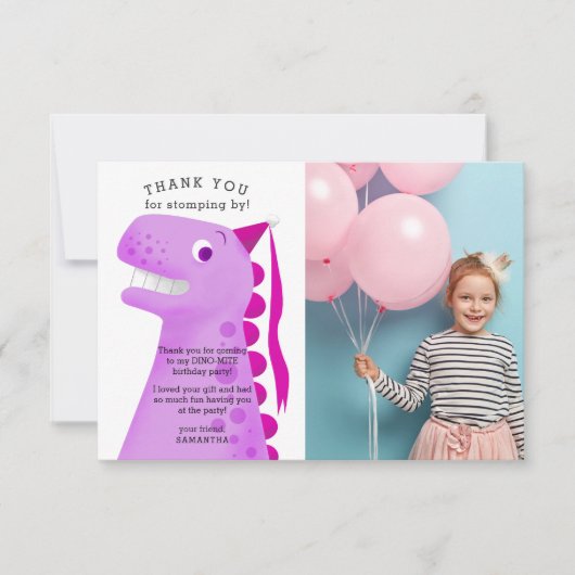 Carte De Remerciements Dinosaure rose mignon, fête d'anniversaire Photo (Devant)