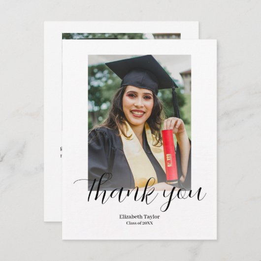 Carte De Remerciements Diplômé en Script moderne Diplôme en photo simple (Devant / Derrière)