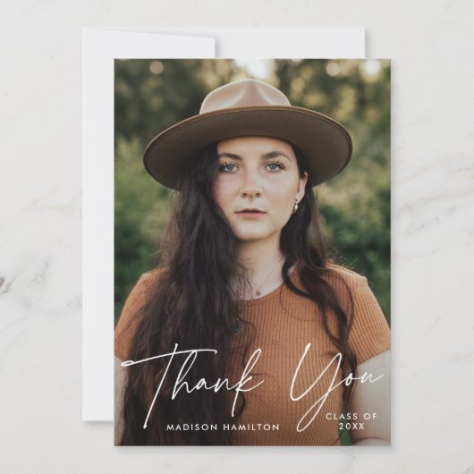 Carte De Remerciements Diplômé moderne blanc Script photo Graduation (Devant)