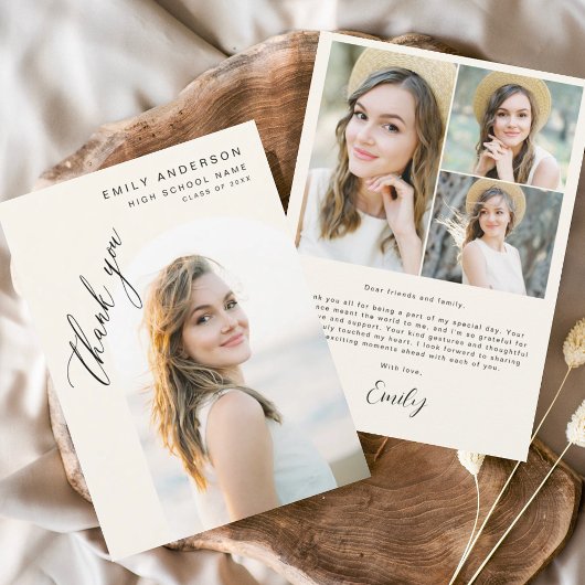 Carte De Remerciements Diplôme Neutre Beige Simple Photo Graduate