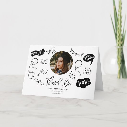 Carte De Remerciements Doodle de diplôme avec photo blanche (Devant)