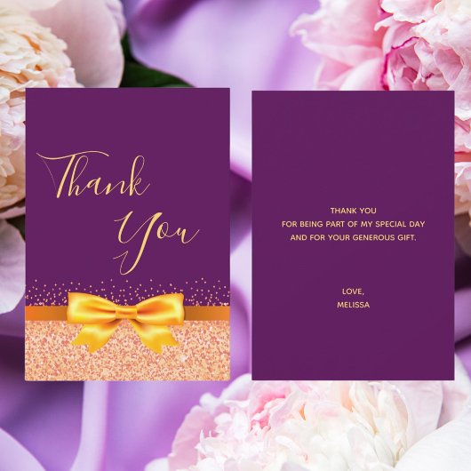 Carte de remerciements d'or violet