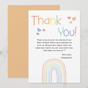 Carte De Remerciements Douce Arc-en-ciel Coloré avec des Cœurs pour une B