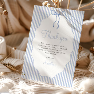 Carte De Remerciements Douce Baby Shower Bleu à Rayures avec un Nœud