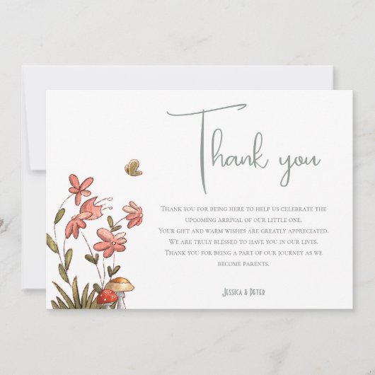 Carte De Remerciements Douce Baby Shower Fleurie Papillon (Devant)