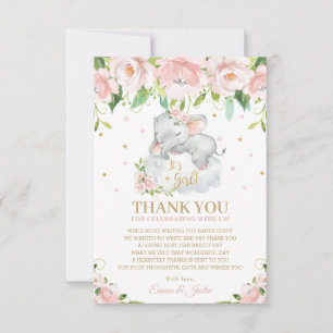 Carte De Remerciements Douce Éléphant Rose Floral Baby Shower