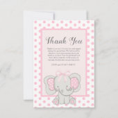 Carte De Remerciements Douce Éléphant Rose Points de Bébé Fille Douche (Devant)