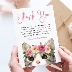 Carte De Remerciements Douce Fille au Chat à l'Aquarelle Baby Shower