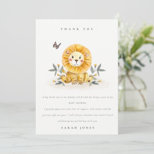 Carte De Remerciements Douce forêt aquarelle Lion Feuillage Baby Shower (Debout devant)