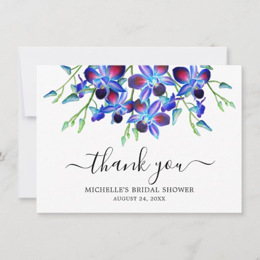 Carte De Remerciements Douche de Mariage Élégante Aquarelle Orchidées Ble (Devant)