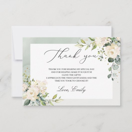 Carte De Remerciements Douche nuptiale verte blanche roses eucalyptus (Devant)