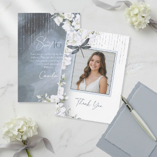 Carte De Remerciements Dragonfly Floral Sweet 16 Dusty Blue V2 ID1310