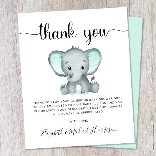 Carte de remerciements du Baby shower des éléphant