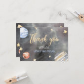 Carte de remerciements du Baby shower spatial (Devant/Arrière en situation)