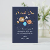 Carte de remerciements du Baby shower spatial bleu (Debout devant)