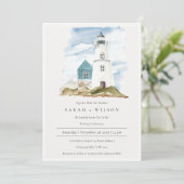 Carte De Remerciements Dusky Aqua Blue Lighthouse Mountain Wedding Invita (Debout devant)