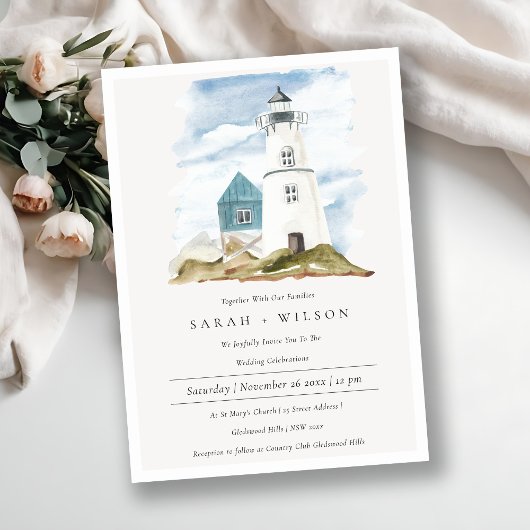 Carte De Remerciements Dusky Aqua Blue Lighthouse Mountain Wedding Invita