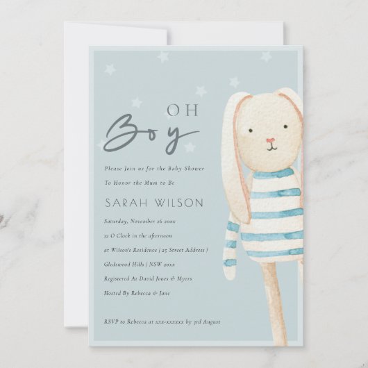 Carte De Remerciements Dusky Blue Grey Bunny Oh Boy Baby shower Invitatio (Devant)