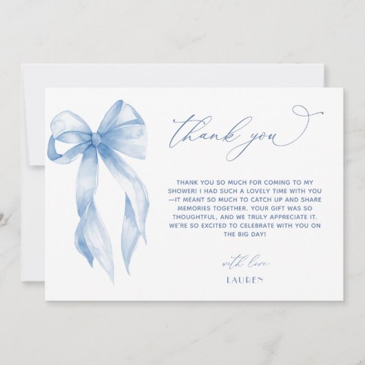 Carte De Remerciements Dusty Blue Bow Elle Attache Le Nœud Bridal Shower (Devant)