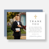 Carte De Remerciements Dusty Blue Boy First Communion Cross Photo