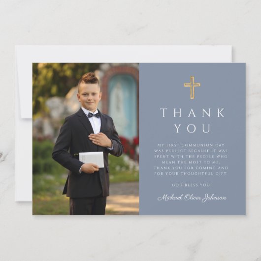 Carte De Remerciements Dusty Blue Boy First Communion Cross Photo (Devant)