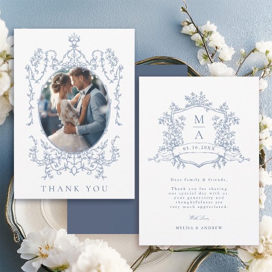 Carte De Remerciements Dusty Blue Classic Floral Frame Wedding Photo     