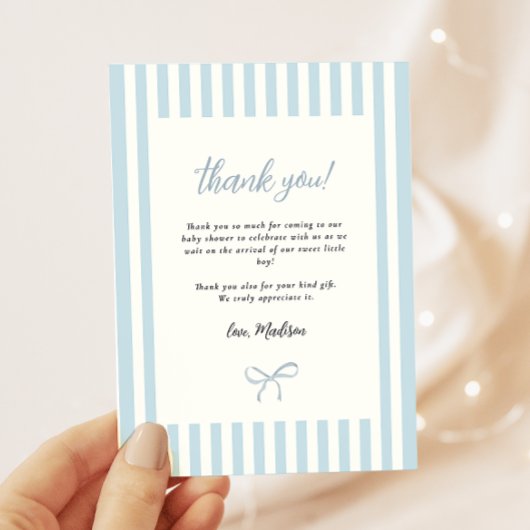 Carte De Remerciements Dusty Blue élégant Baby shower Bow Boy