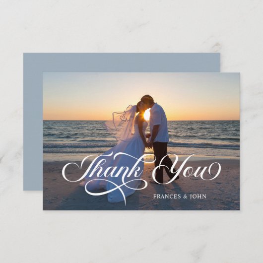 Carte De Remerciements Dusty Blue Elegant Letting Mariage Photo (Devant / Derrière)