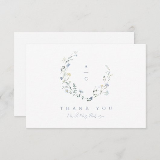 Carte De Remerciements Dusty Blue Fleur sauvage Rustic Boho Mariage monog (Devant / Derrière)