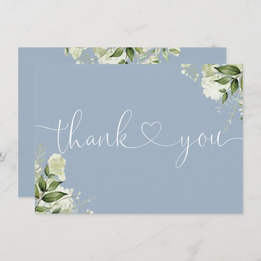 Carte De Remerciements Dusty Blue Greenery Floral Élégant Script Coeur (Devant / Derrière)