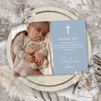 Carte De Remerciements Dusty Blue Modern Script Photo Baptême Christening