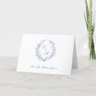 Carte De Remerciements Dusty Blue Monogram Mariage de couronne botanique
